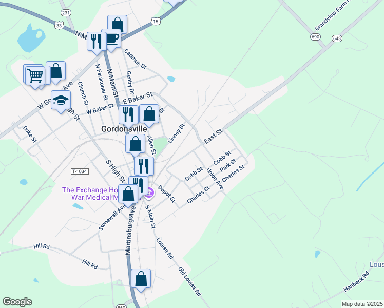 map of restaurants, bars, coffee shops, grocery stores, and more near 321 East Street in Gordonsville