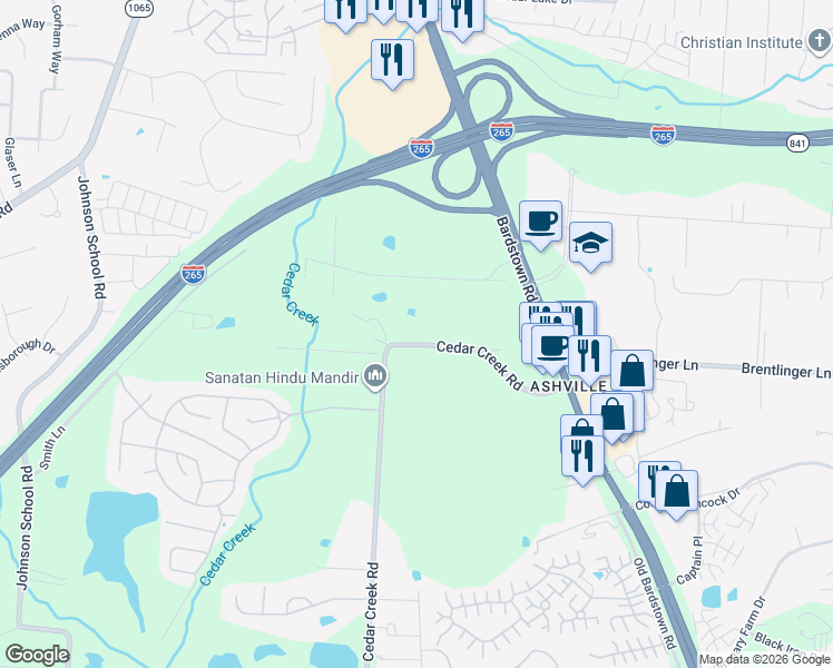 map of restaurants, bars, coffee shops, grocery stores, and more near 7606 Cedar Creek Road in Louisville