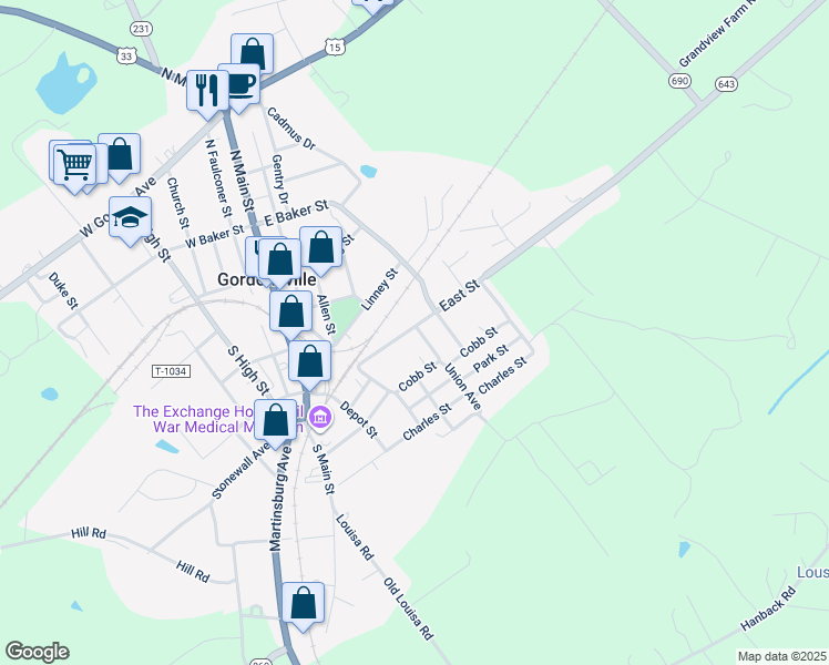 map of restaurants, bars, coffee shops, grocery stores, and more near 321 East Street in Gordonsville