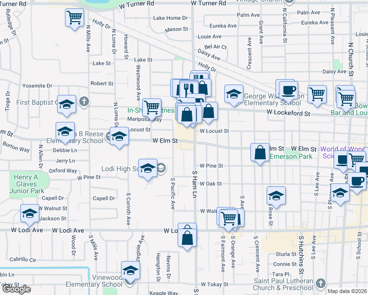 map of restaurants, bars, coffee shops, grocery stores, and more near 1338 West Elm Street in Lodi