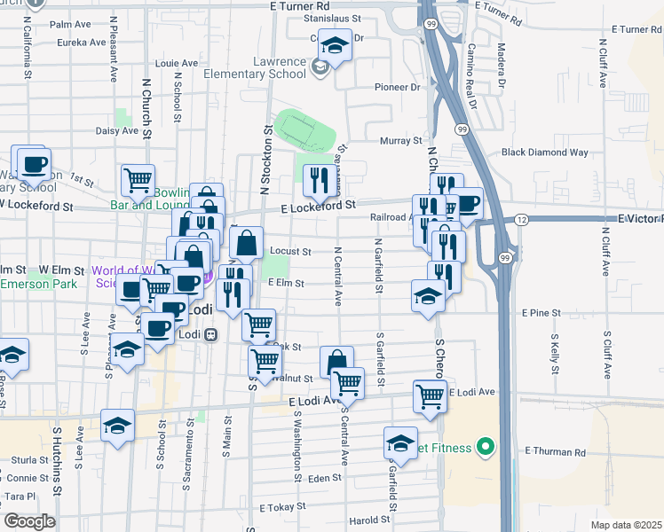 map of restaurants, bars, coffee shops, grocery stores, and more near 338 Locust Street in Lodi