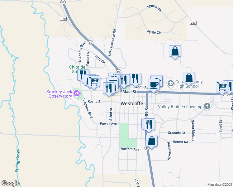 map of restaurants, bars, coffee shops, grocery stores, and more near 212 Main Street in Westcliffe