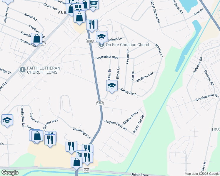map of restaurants, bars, coffee shops, grocery stores, and more near 5801 Mary Ellen Drive in Louisville
