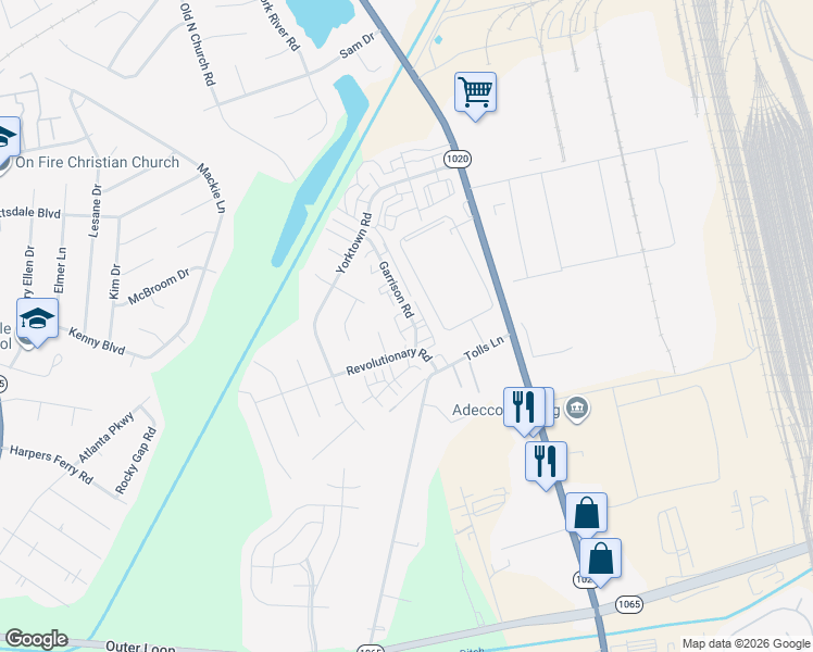 map of restaurants, bars, coffee shops, grocery stores, and more near 7524 Garrison Road in Louisville