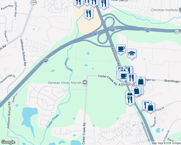 map of restaurants, bars, coffee shops, grocery stores, and more near 7606 Cedar Creek Road in Louisville