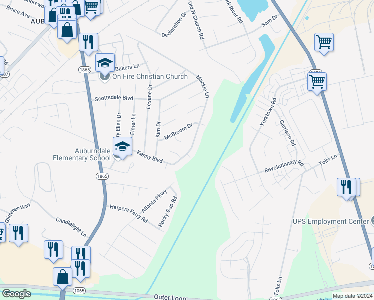 map of restaurants, bars, coffee shops, grocery stores, and more near 7900 Mackie Lane in Louisville