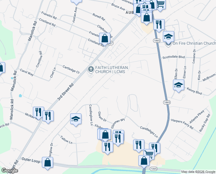 map of restaurants, bars, coffee shops, grocery stores, and more near 7923 Candleglow Lane in Louisville