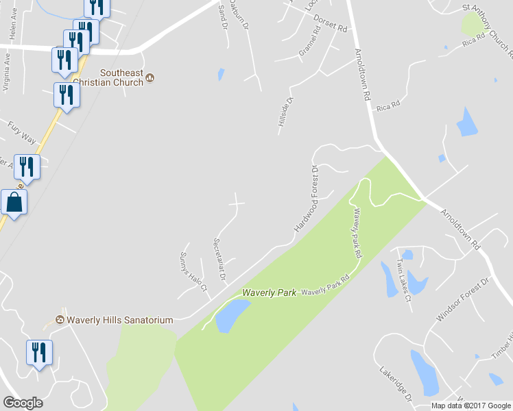 map of restaurants, bars, coffee shops, grocery stores, and more near 4001 Bold Ruler Way in Louisville