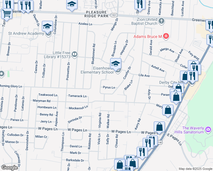 map of restaurants, bars, coffee shops, grocery stores, and more near 5309 Pyrus Lane in Louisville