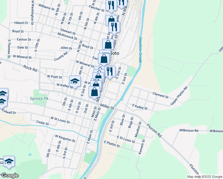 map of restaurants, bars, coffee shops, grocery stores, and more near 112 East Pratt Street in De Soto