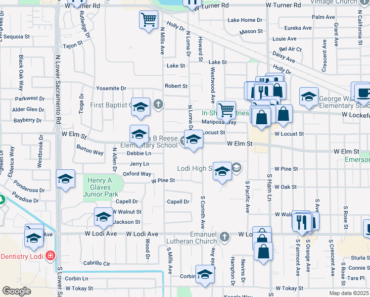 map of restaurants, bars, coffee shops, grocery stores, and more near 1800 West Elm Street in Lodi