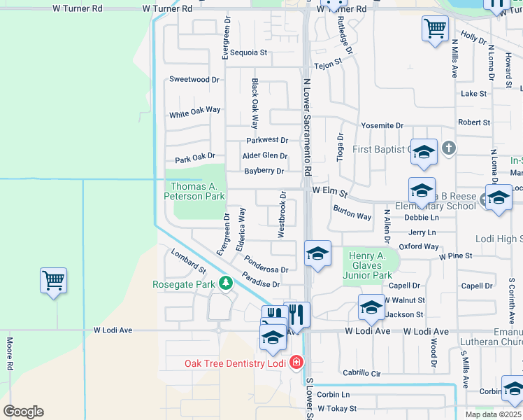 map of restaurants, bars, coffee shops, grocery stores, and more near 2644 Orchard Drive in Lodi