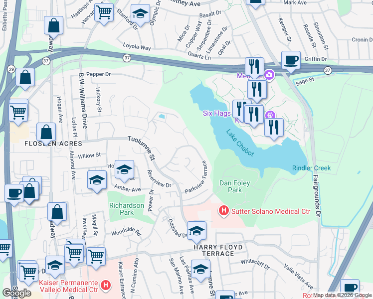 map of restaurants, bars, coffee shops, grocery stores, and more near 301 Parkview Terrace in Vallejo