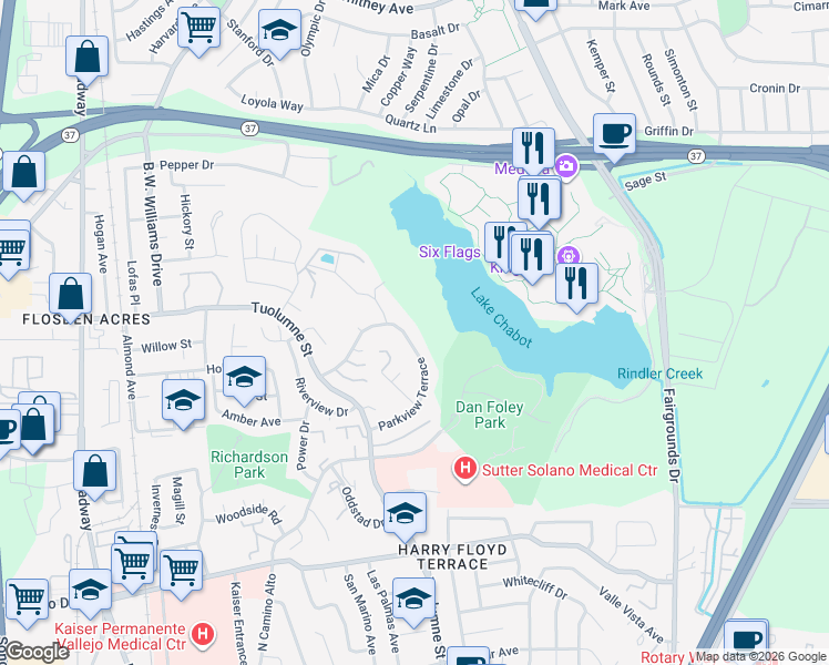 map of restaurants, bars, coffee shops, grocery stores, and more near 272 Parkview Terrace in Vallejo