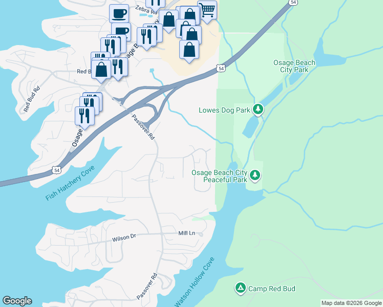map of restaurants, bars, coffee shops, grocery stores, and more near 4620 Parkwood Circle in Osage Beach