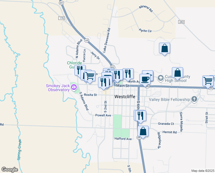 map of restaurants, bars, coffee shops, grocery stores, and more near 212 Main Street in Westcliffe