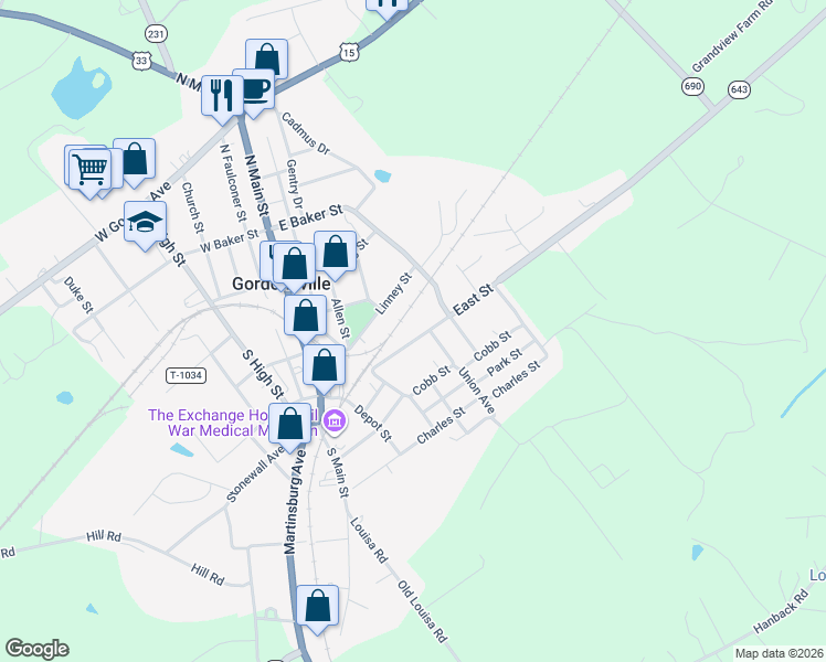 map of restaurants, bars, coffee shops, grocery stores, and more near 318 East Street in Gordonsville