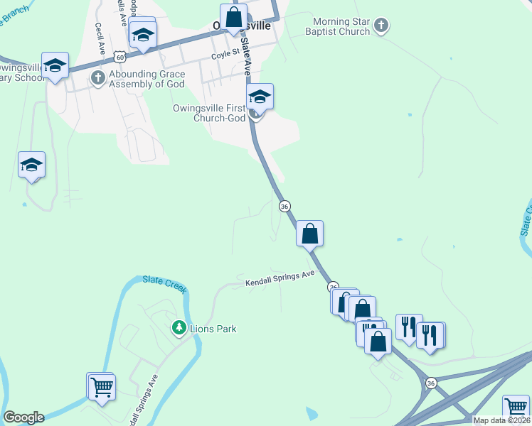 map of restaurants, bars, coffee shops, grocery stores, and more near 87 Water Plant Road in Owingsville