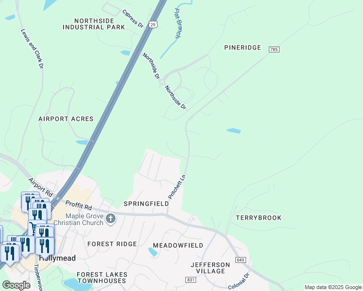 map of restaurants, bars, coffee shops, grocery stores, and more near 3600 Pritchett Lane in Charlottesville