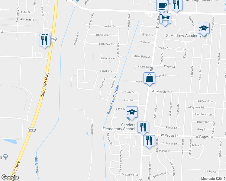 map of restaurants, bars, coffee shops, grocery stores, and more near 8007 Kenhurst Drive in Louisville