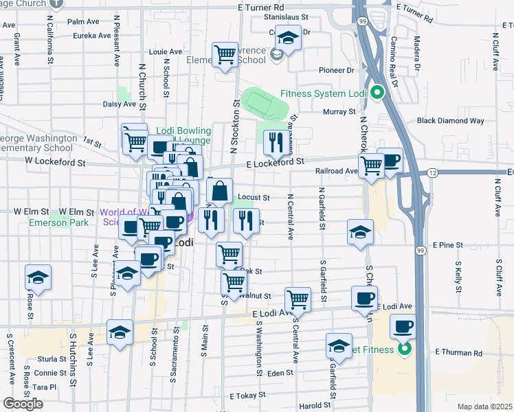 map of restaurants, bars, coffee shops, grocery stores, and more near 118 North Washington Street in Lodi