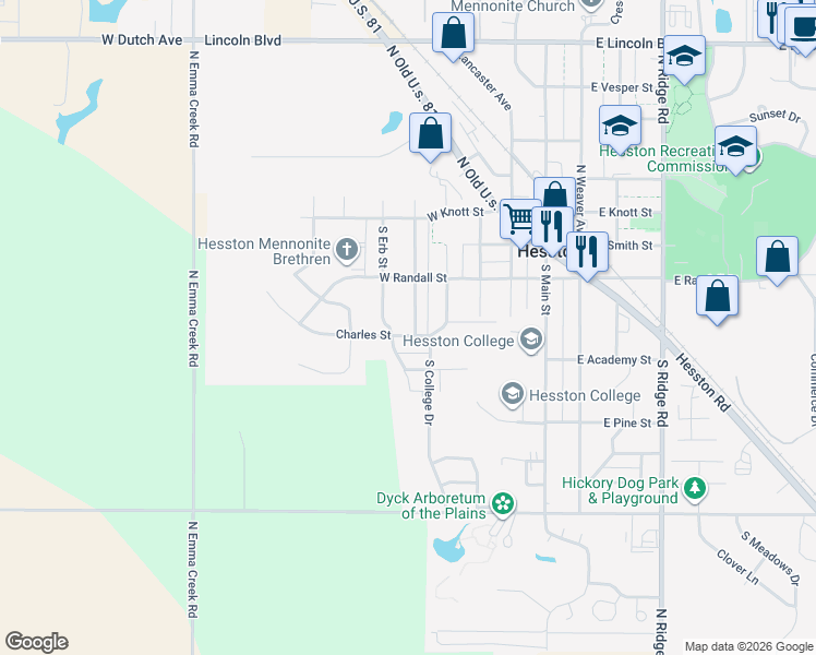 map of restaurants, bars, coffee shops, grocery stores, and more near 213 South Roupp Street in Hesston