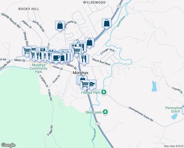 map of restaurants, bars, coffee shops, grocery stores, and more near 216 Watkins Street in Murphys