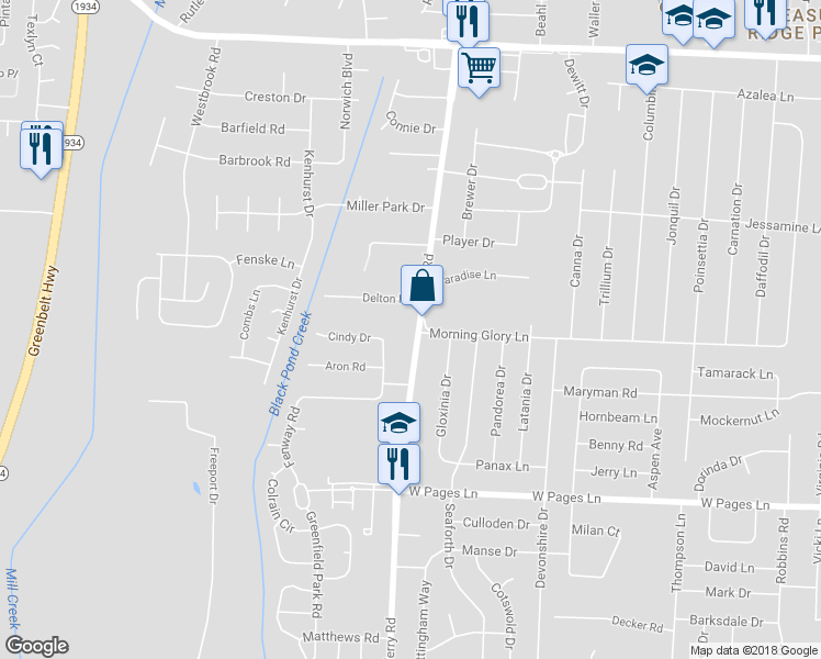 map of restaurants, bars, coffee shops, grocery stores, and more near 8106 Terry Road in Louisville