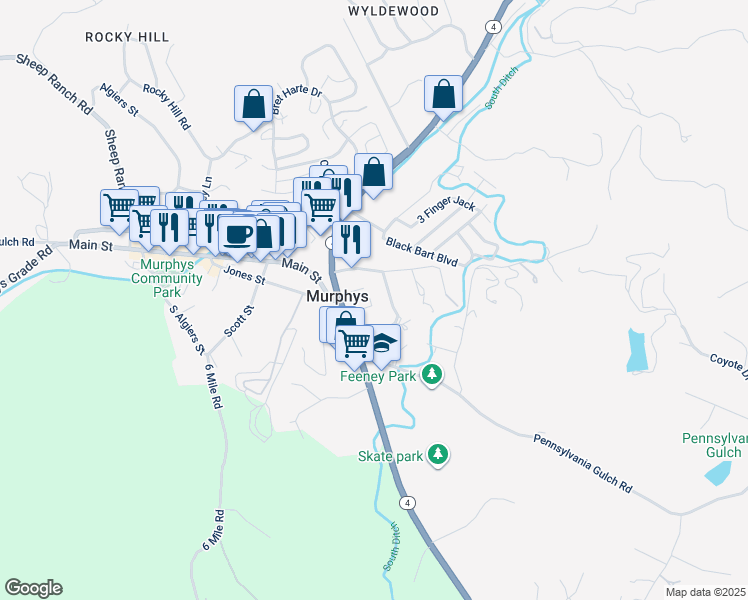 map of restaurants, bars, coffee shops, grocery stores, and more near 216 Watkins Street in Murphys