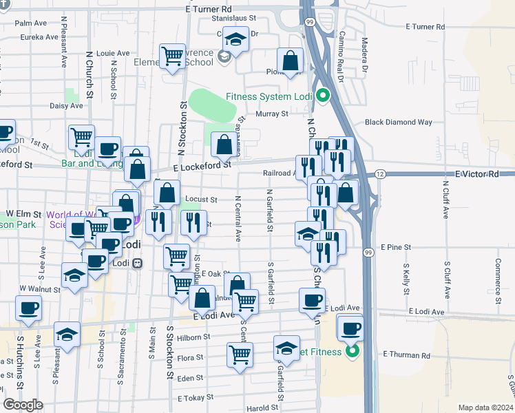 map of restaurants, bars, coffee shops, grocery stores, and more near 420 Locust Street in Lodi