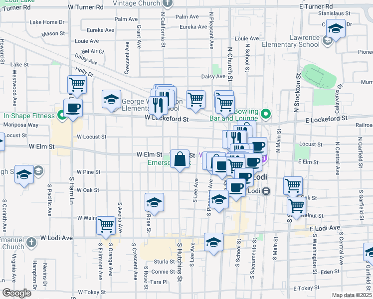 map of restaurants, bars, coffee shops, grocery stores, and more near 411 West Elm Street in Lodi