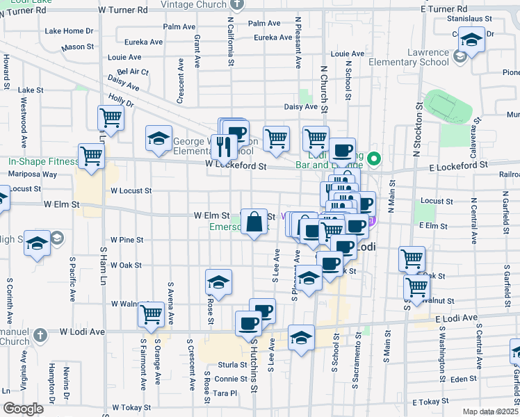 map of restaurants, bars, coffee shops, grocery stores, and more near 411 West Elm Street in Lodi