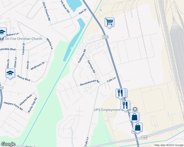 map of restaurants, bars, coffee shops, grocery stores, and more near 7524 Garrison Road in Louisville