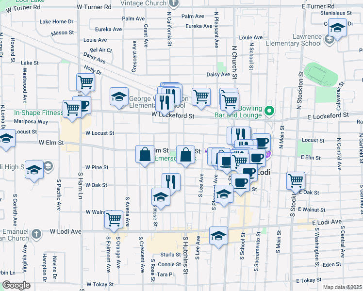 map of restaurants, bars, coffee shops, grocery stores, and more near 105 North Hutchins Street in Lodi