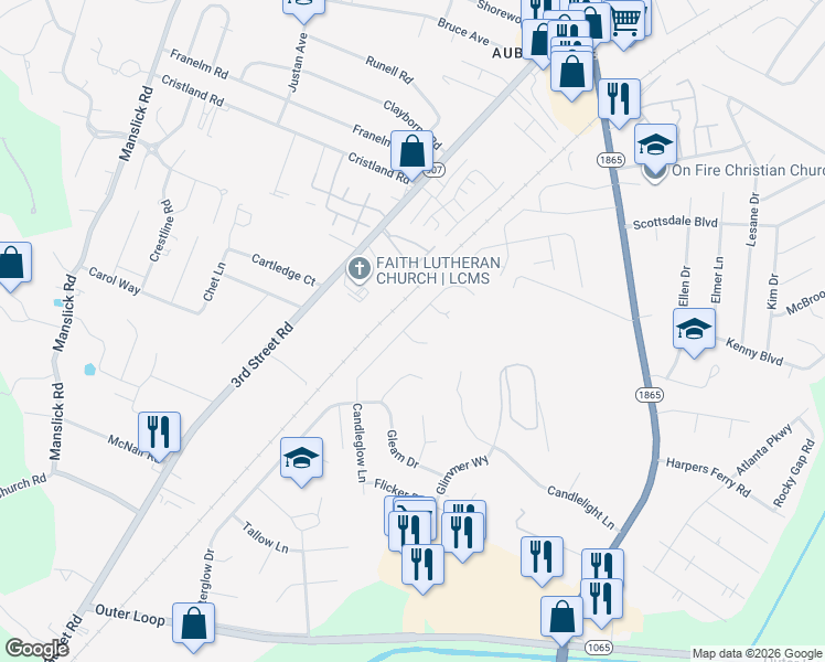 map of restaurants, bars, coffee shops, grocery stores, and more near 7923 Candleglow Lane in Louisville