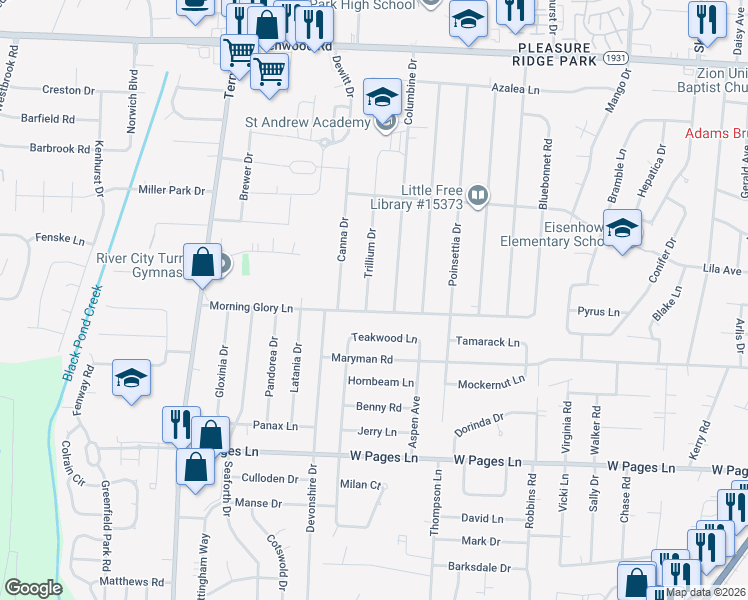 map of restaurants, bars, coffee shops, grocery stores, and more near 8017 Trillium Drive in Louisville
