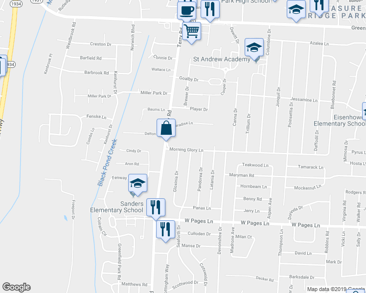 map of restaurants, bars, coffee shops, grocery stores, and more near 6305 Morning Glory Lane in Louisville
