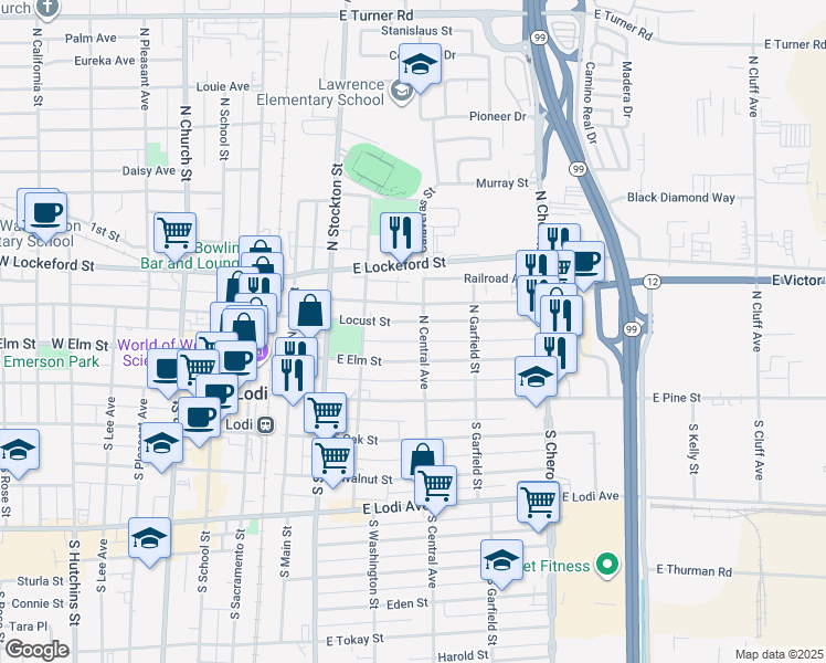 map of restaurants, bars, coffee shops, grocery stores, and more near 338 Locust Street in Lodi