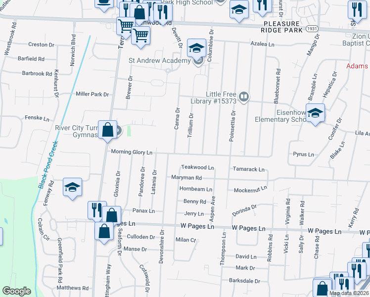 map of restaurants, bars, coffee shops, grocery stores, and more near 8017 Trillium Drive in Louisville