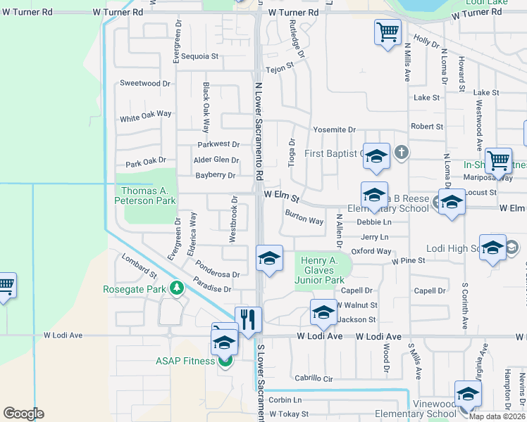 map of restaurants, bars, coffee shops, grocery stores, and more near 80 North Lower Sacramento Fron Road in Lodi