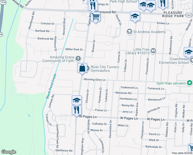map of restaurants, bars, coffee shops, grocery stores, and more near 6201 Morning Glory Lane in Louisville