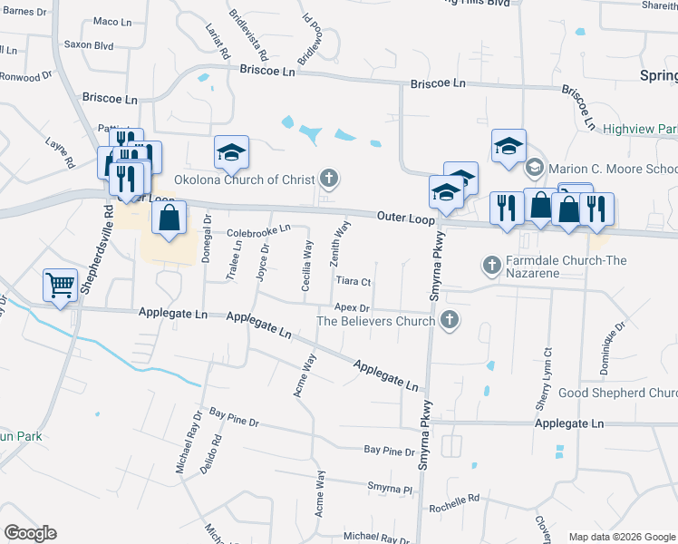 map of restaurants, bars, coffee shops, grocery stores, and more near 7724 Zenith Way in Louisville
