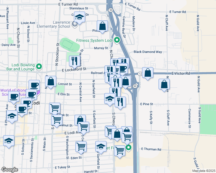 map of restaurants, bars, coffee shops, grocery stores, and more near 540 Locust Street in Lodi