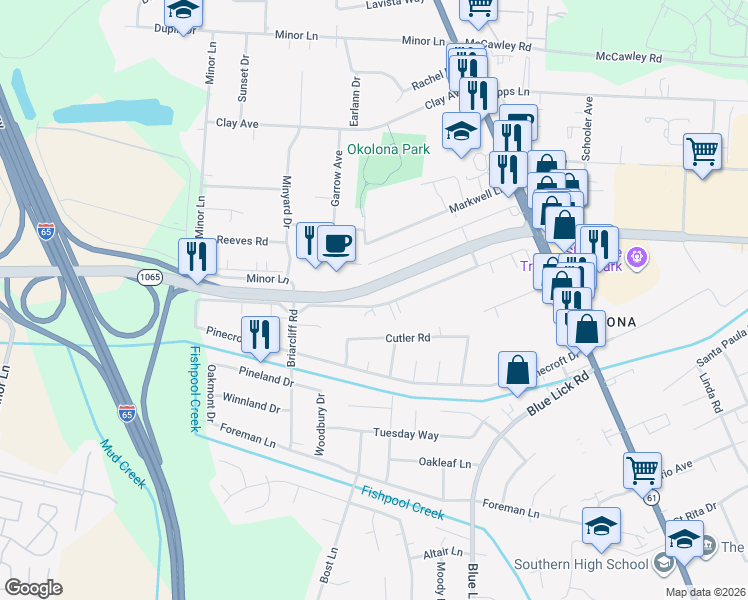 map of restaurants, bars, coffee shops, grocery stores, and more near 3705 Old Outer Loop in Louisville