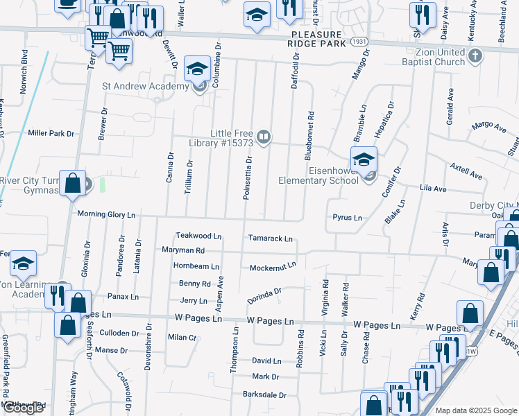 map of restaurants, bars, coffee shops, grocery stores, and more near 8012 Carnation Dr in Louisville