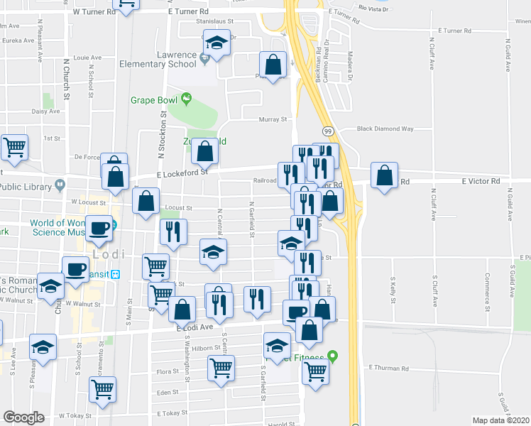 map of restaurants, bars, coffee shops, grocery stores, and more near 504 Locust Street in Lodi