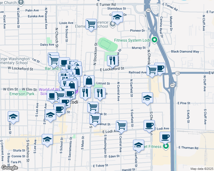 map of restaurants, bars, coffee shops, grocery stores, and more near 118 North Washington Street in Lodi