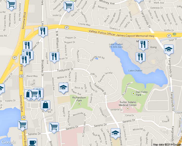 map of restaurants, bars, coffee shops, grocery stores, and more near 196 Platt Court in Vallejo