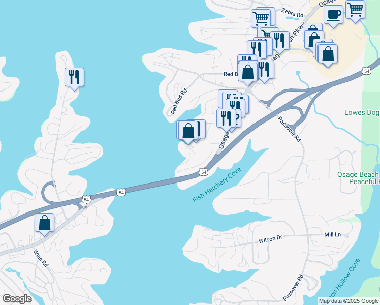 map of restaurants, bars, coffee shops, grocery stores, and more near 4540 U.S. 54 in Osage Beach