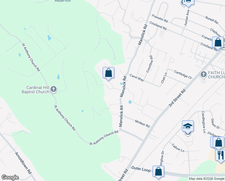 map of restaurants, bars, coffee shops, grocery stores, and more near 8236 Red Stone Hill Road in Louisville